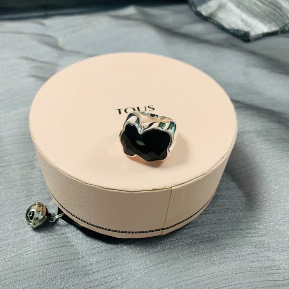 TOUS Ring Big Silver TOUS Color Ring with faceted onyx Women Jewelry 56# - Picture 6 of 13